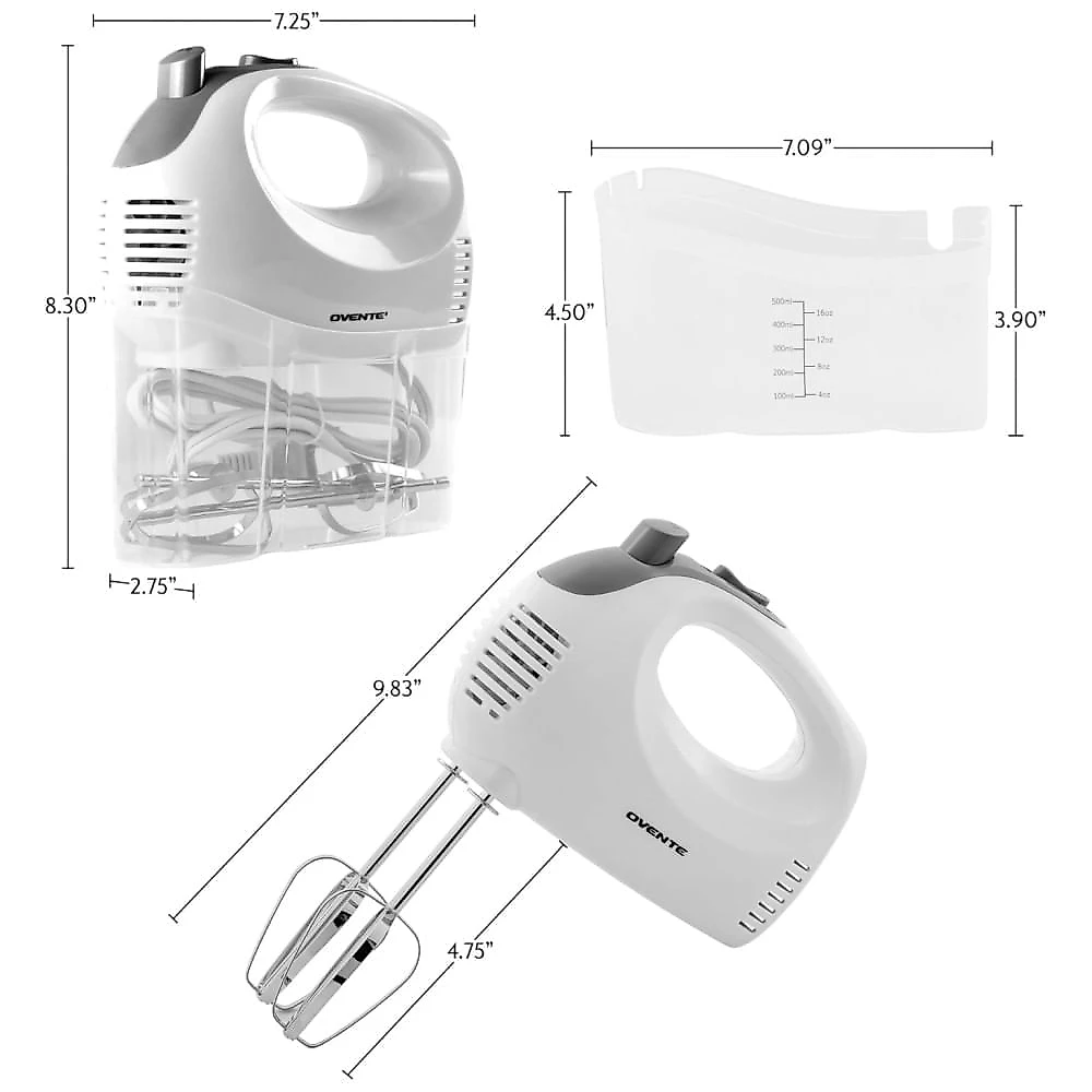 Batedeira Manual Elétrica OVENTE 5 Velocidades com Batedor de Aço Inoxidável, Estojo de Armazenamento Snap-On, Motor Portátil de 150W, Compacta