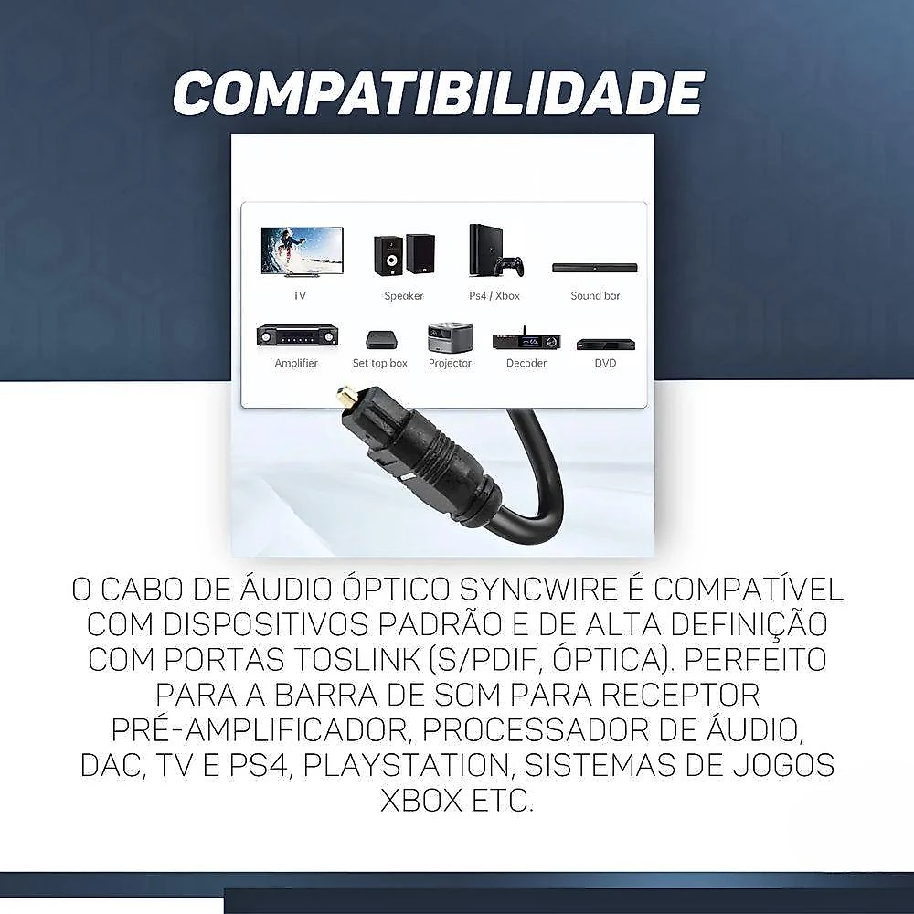 Cabo De áudio óptico Digital Toslink 2 Metros
