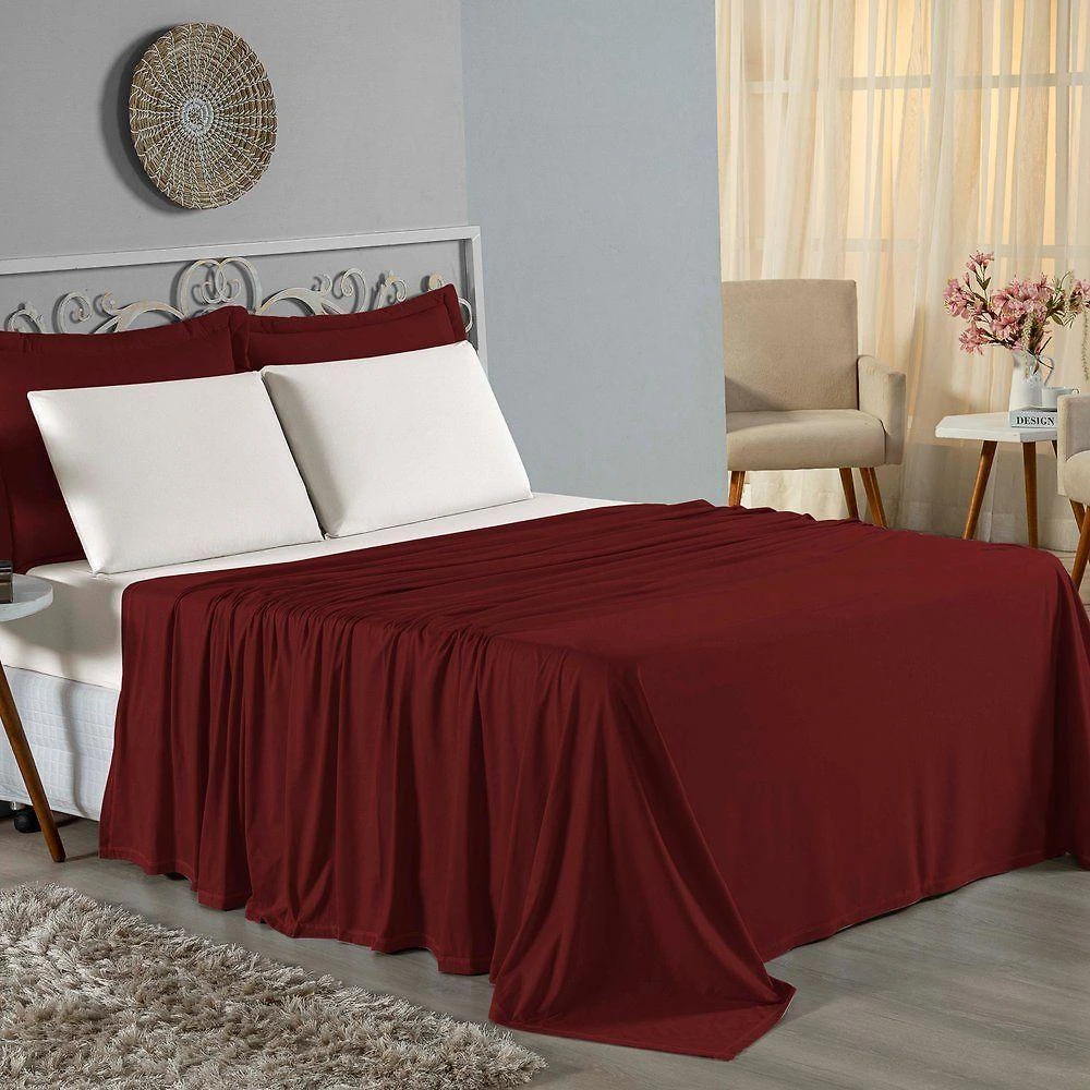 Jogo De Cama Casal Nobre 4 Peças Lençol Com Elástico De 30cm De Altura Malha 100% Algodão - Vinho / Palha