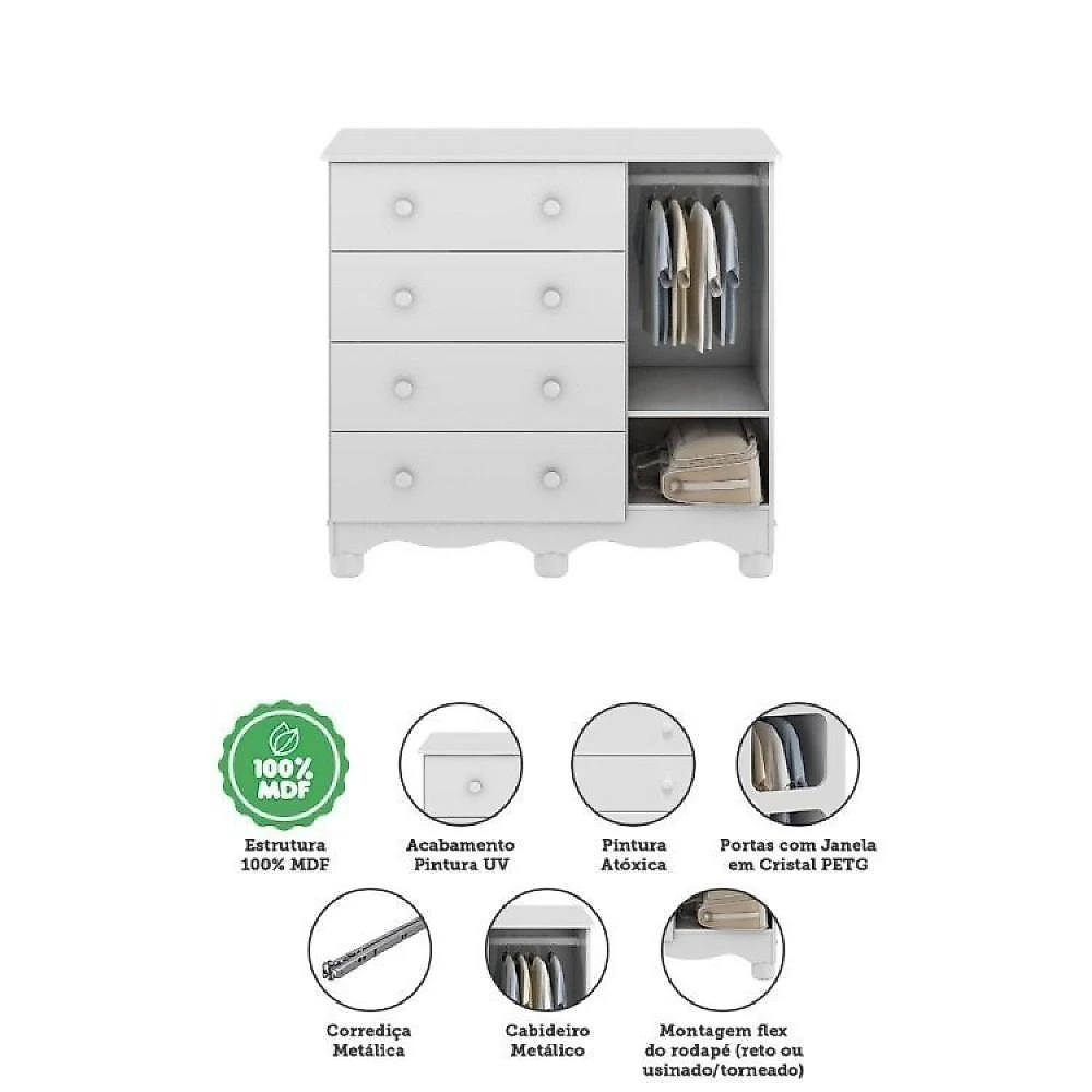 Quarto de Bebê om Guarda Roupa 3 Portas 3 Gavetas e Cômoda 1 Porta 4 Gavetas  Duda Quarto Infantil com Guarda Roupa 3 Portas 3 Gavetas e Cômoda 1 Porta 4 Gavetas Mimo Espresso Móveis Branco Brilho