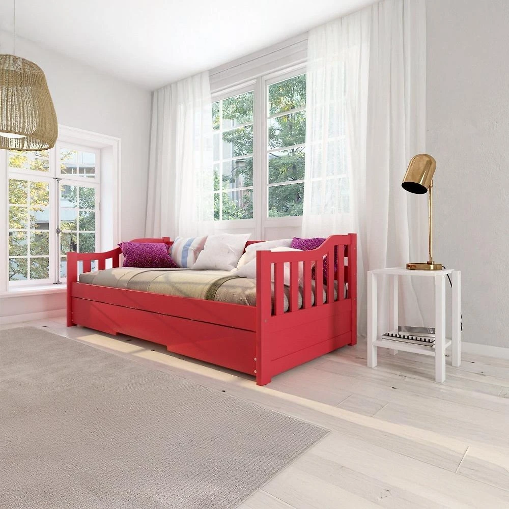 Bicama Solteiro American Estilo Sofá em Madeira Maciça Vermelho