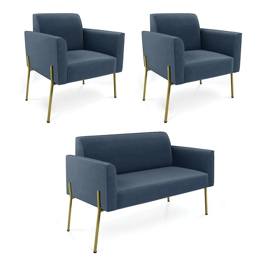 Sofá Namoradeira E 2 Poltronas Pé De Ferro Dourado Marisa Suede Azul Marinho D03