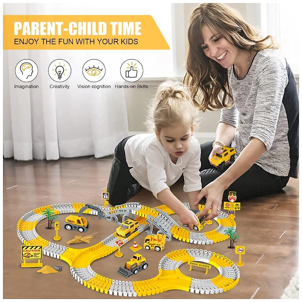 Pista de corrida de construção com 260 peças, 2 carros elétricos e 4 carros de construção Kizplays.