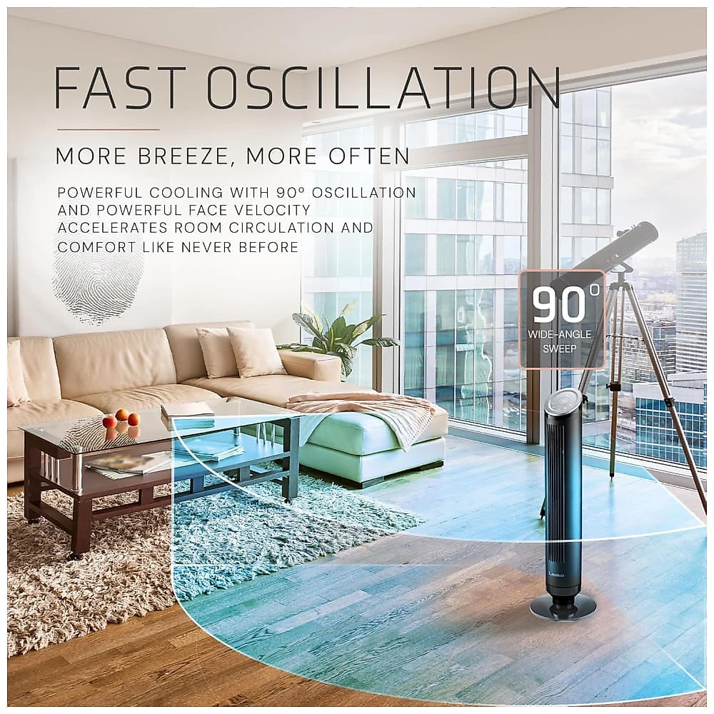 Ventilador de Torre, Estilo Moderno com Controle Remoto, Distância Máxima do Ar 8 Metros, 4 Velocidades, Temporizador de 24H e Oscilação de 90°, 110V 110v
