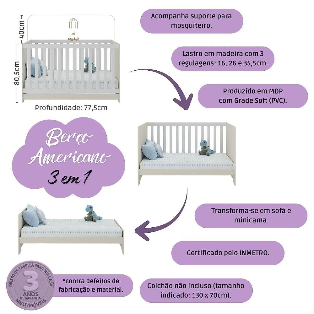 Quarto De Bebê Completo Com Berço Americano 3 Em 1 Doçura Multimóveis MP4646 Branco-off White