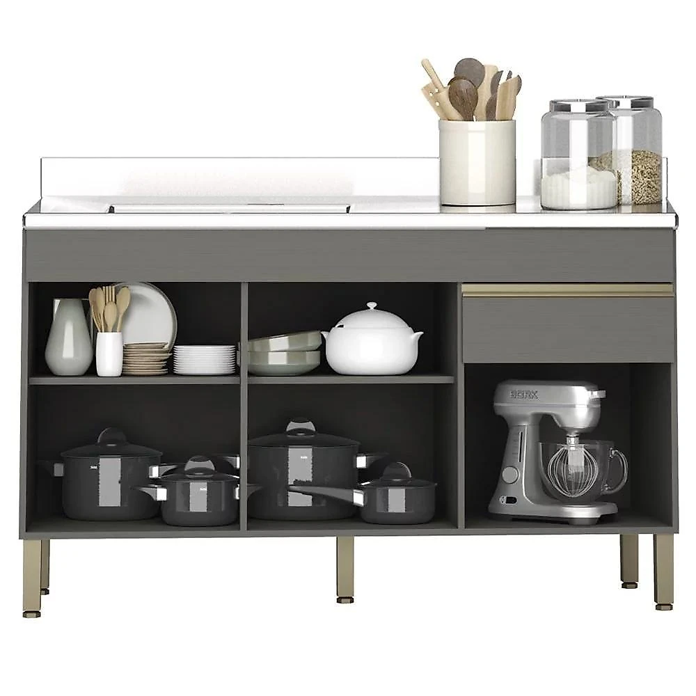 Armário De Cozinha 4 Peças Balcão Com Pia 150cm Lina18 K02 Gris-freijó - Mpozenato