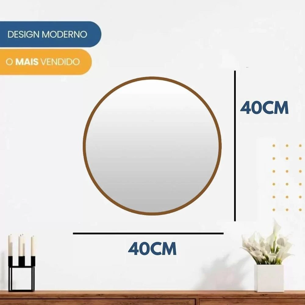 Miniatura Espelho Decorativo de Parede Redondo 40cm para Quarto Sala Cozinha Caramelo