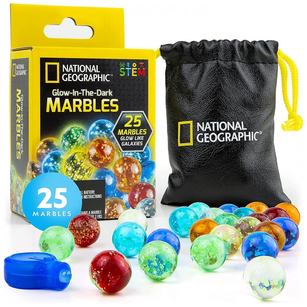 Blue Marble: Conjunto de 25 Bolas de Vidro que Brilham no Escuro National Geographic, Pouch de Armazenamento, Luz UV, Brinquedo de Montar,