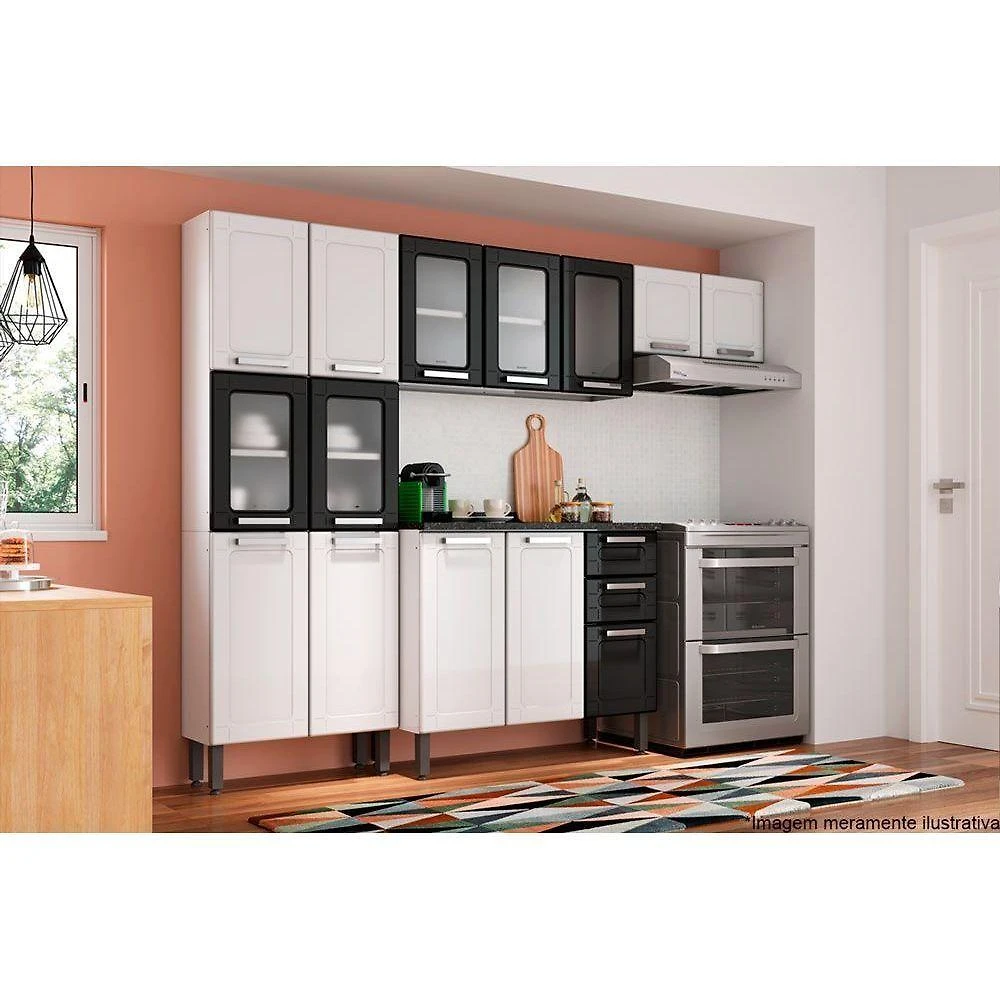 Cozinha Modulada Completa Múltipla 4 Peças (2 Armários + 1 Balcão + 1 Paneleiro) C4p83 Branco/preto