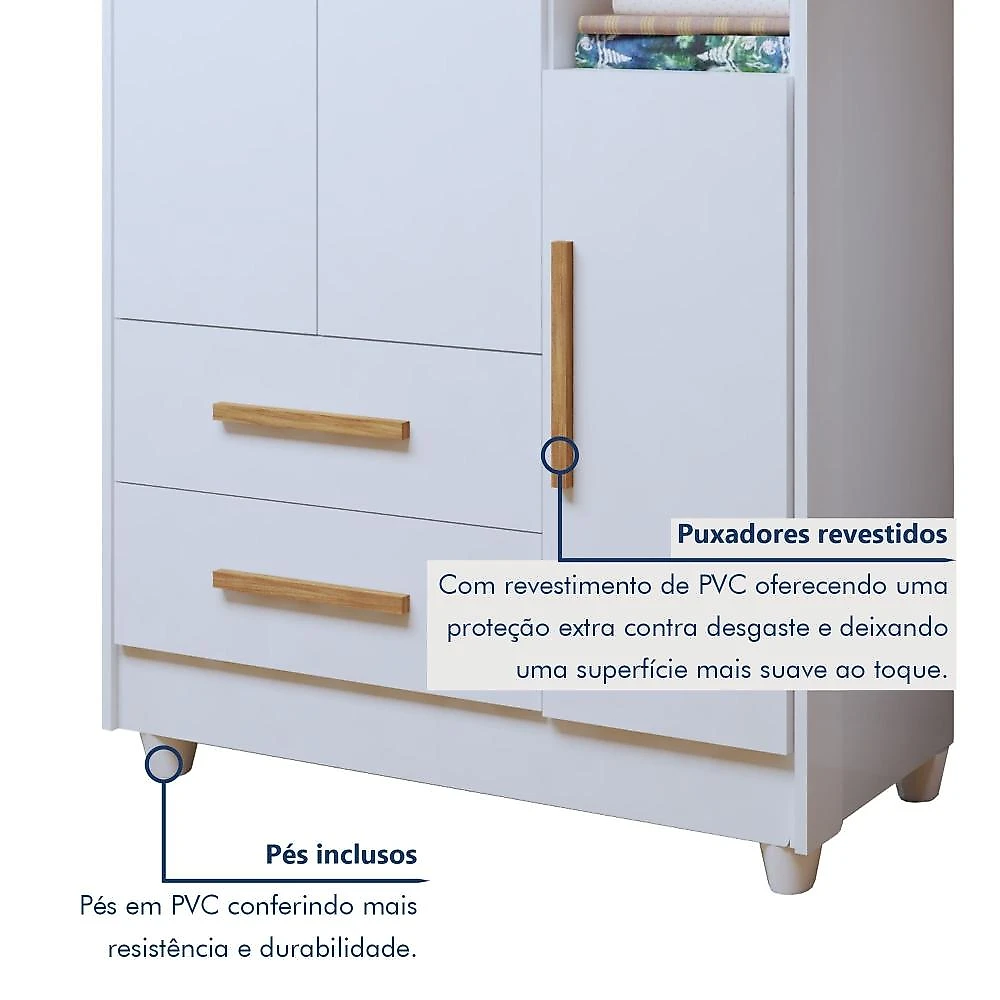 Quarto de Bebê Guarda Roupa 3 Portas e Berço Mini Cama 100% MDF com Colchão Nina  Branco