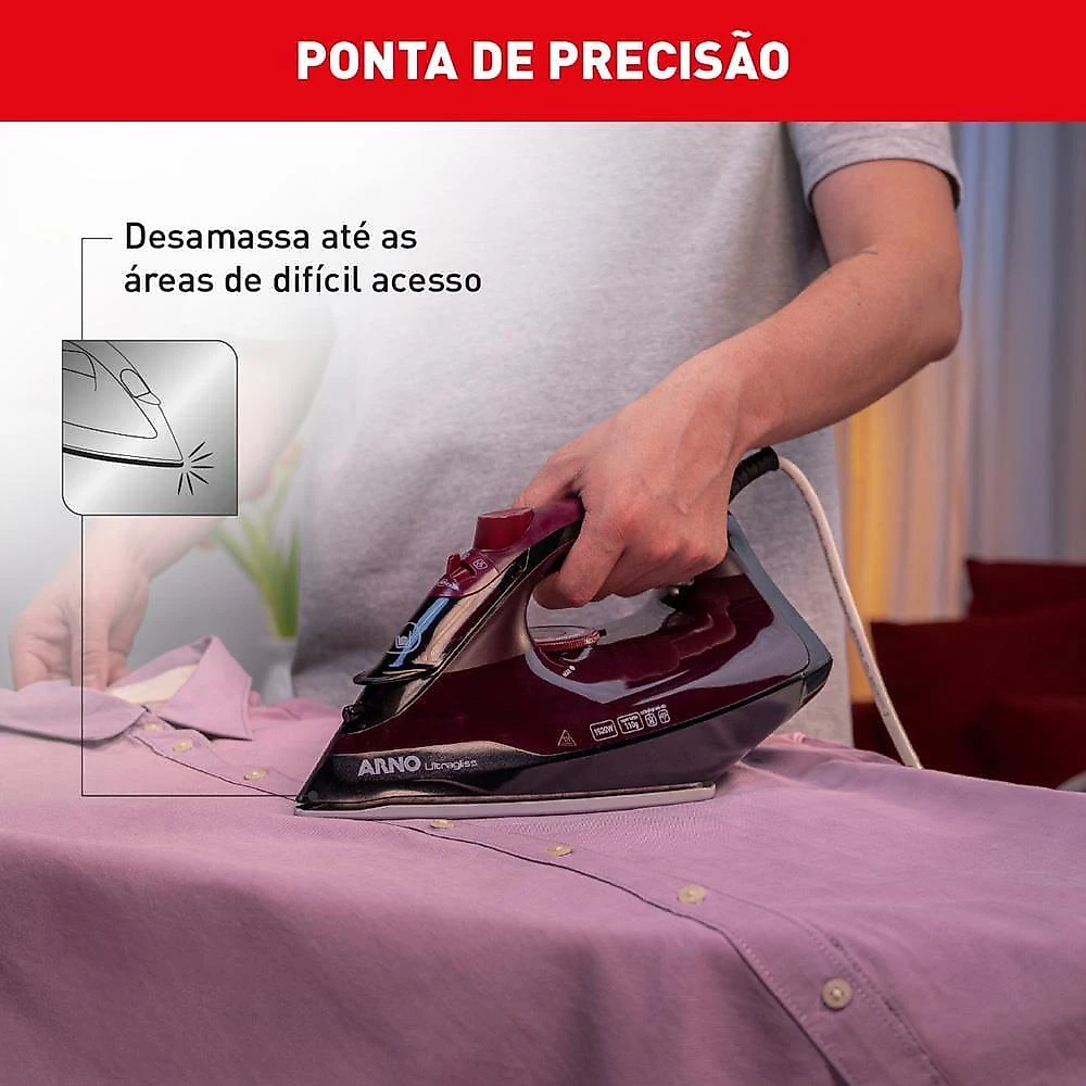 Ferro de passar a vapor arno ultragliss com spray e base durilium airglide - vinho 220