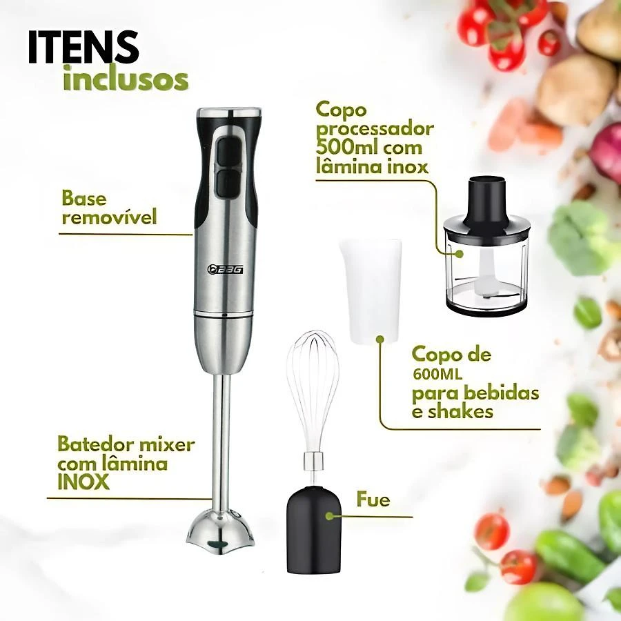 Miniatura Mixer Processador Inox 4 Em 1 500W 110V - Alta Potência