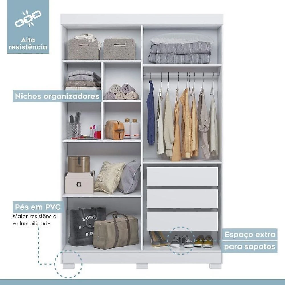 Quarto Infantil/juvenil com Beliche Vegas e Guarda Roupa 4 Portas 3 Gavetas Flórida 100% Mdf  Branco