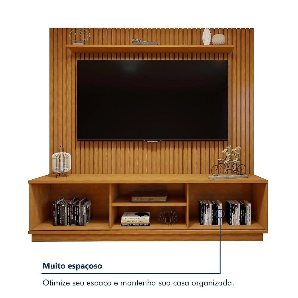 Rack com Painel para TV até 75 Polegadas Ripado 100% MDF sem Led 220cm Paris Arezzo Conjunto Rack Arezzo 220cm com Painel Ripado para Tv de até 75 Polegadas Paris Naturalle