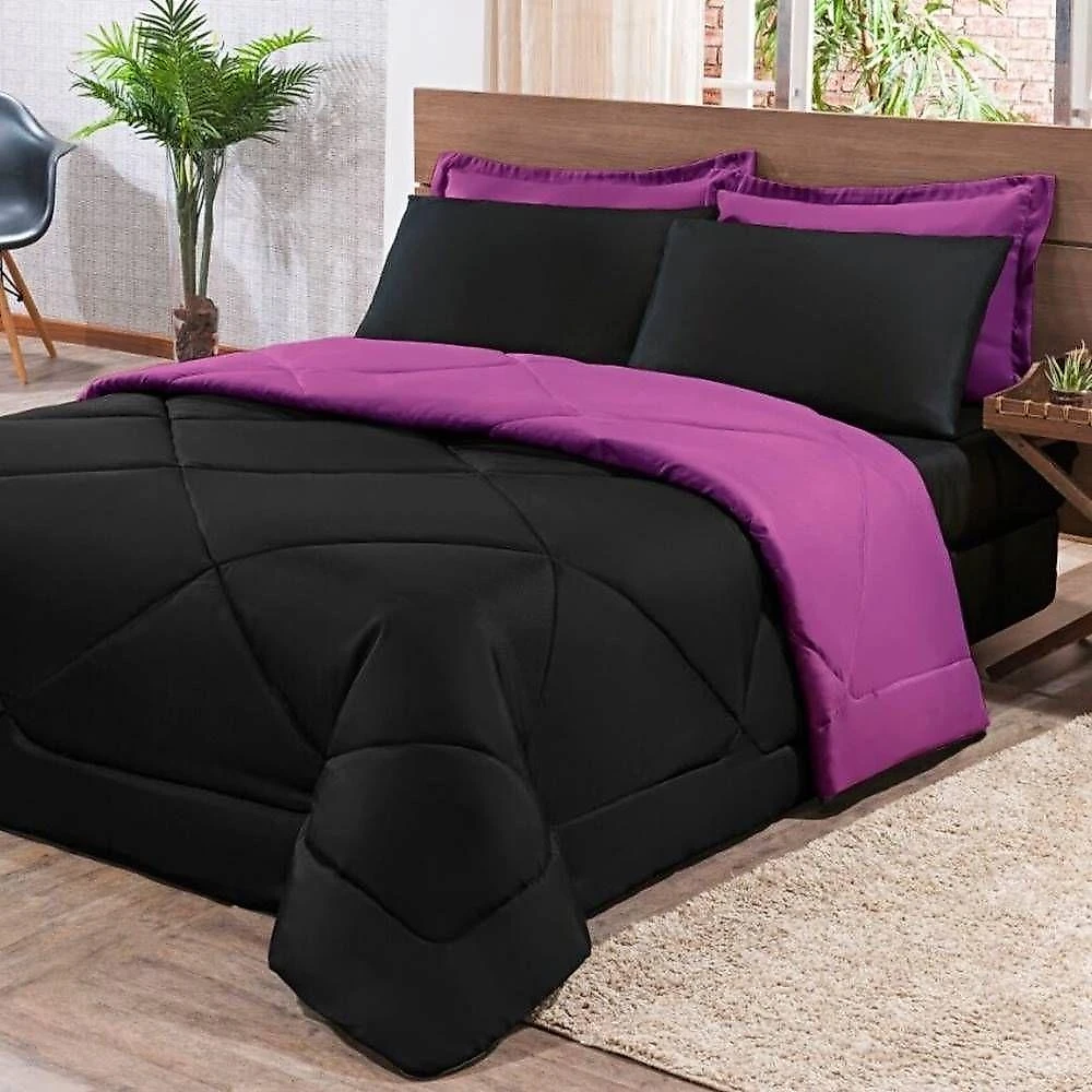 Kit Edredom + Jogo De Lençol Aconchego Look House Dupla Face Solteiro 04 Peças - Preto- Roxo