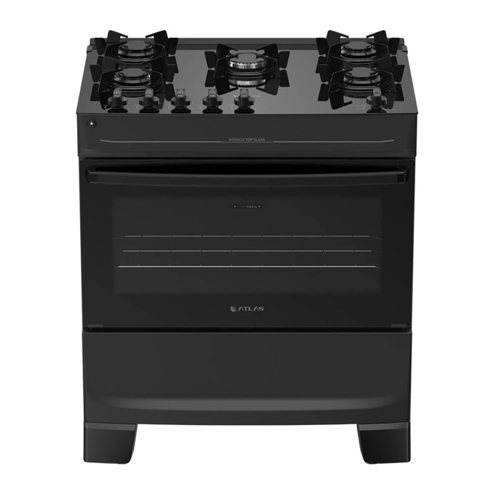 Fogão 5 Bocas Atlas Mônaco Top Glass com Mesa de Vidro - Preto
