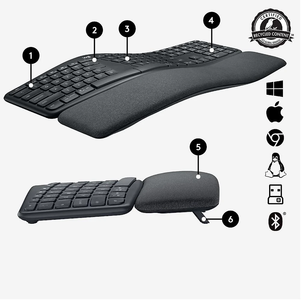 Teclado sem fio Logitech ERGO K860 - Windows e Mac.