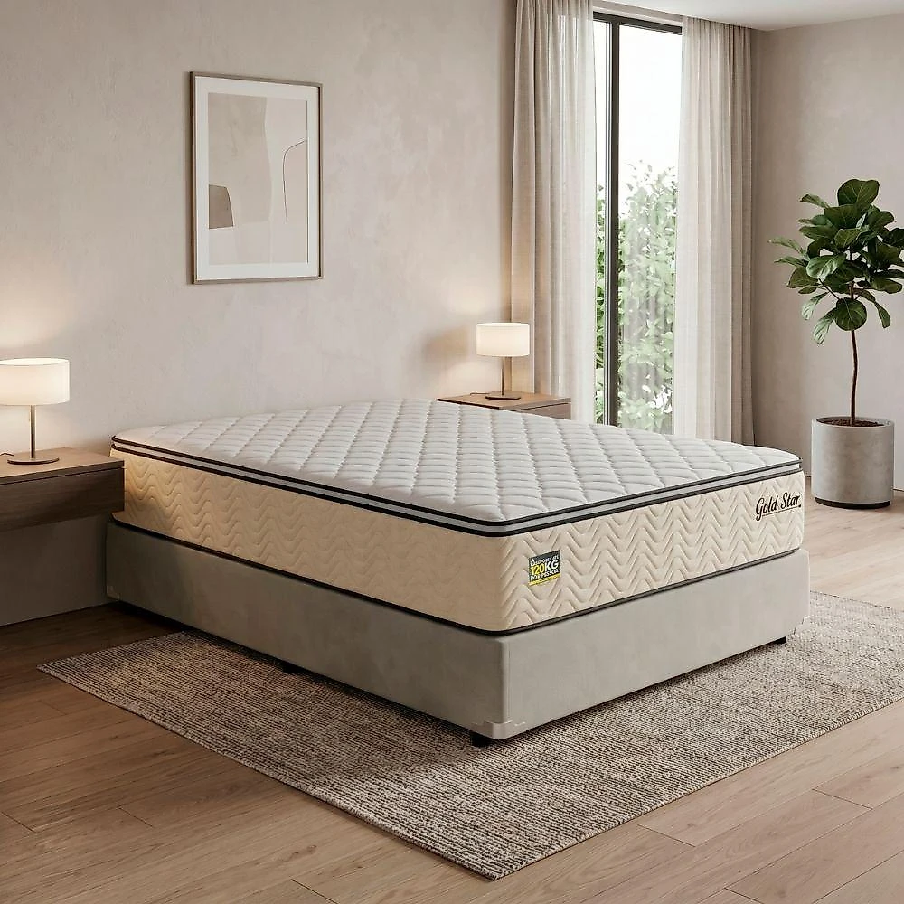 Cama Box com Colchão King Gold Star Pillow Top Molas Ensacadas Suede Bege Hellen Estofados