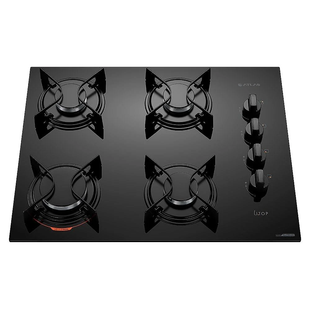 Cooktop a gás atlas u top 4 bocas mesa de vidro preto bivolt