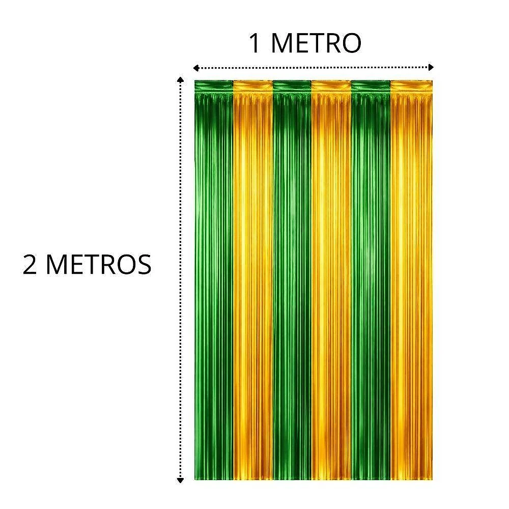 Kit 3 Cortinas Metalizadas Brasil Verde e Amarelo 1x2M Extra Festas