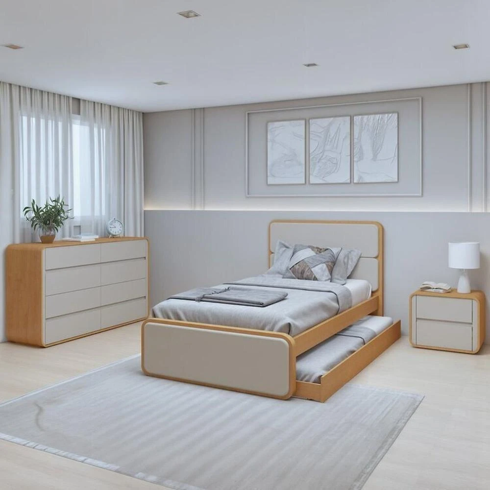 Miniatura Quarto Completo Cama Solteiro com Cômoda 8 Gavetas e Mesa de Cabeceira Amêndoa Clean/Off White