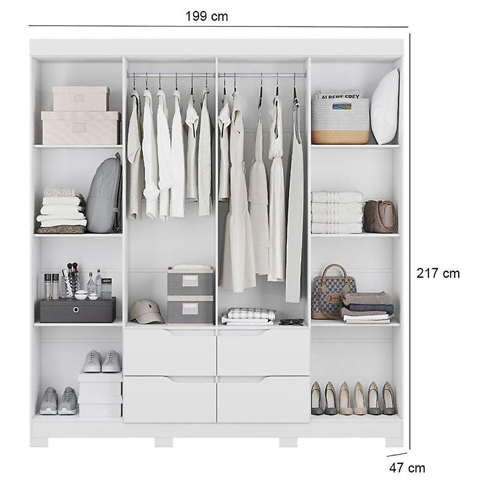 Conjunto Guarda Roupa Casal Doble 8 Portas Correr Cômoda 4 Gavetas MDP Branco Freijo Flex Albatroz