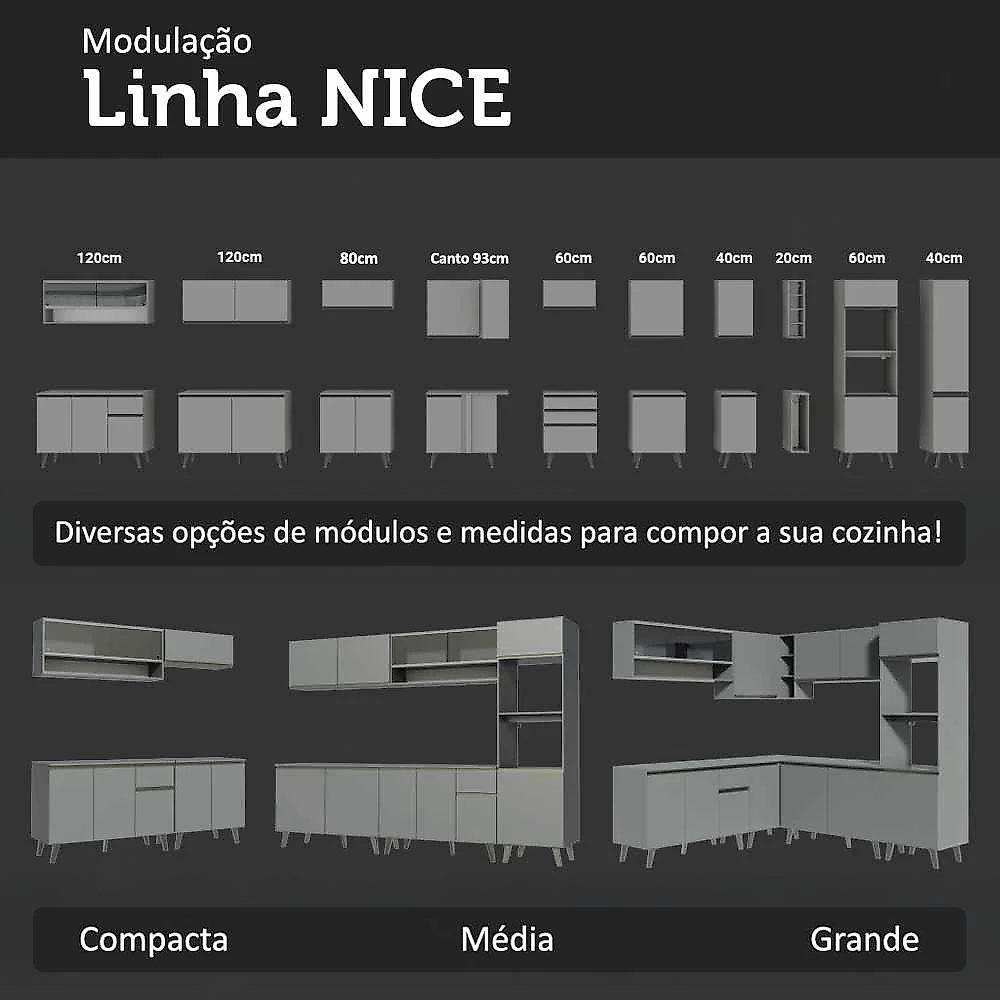 Armário de Cozinha Completa de Canto 265 cm Suspensa  Nice Madesa 06 Cinza