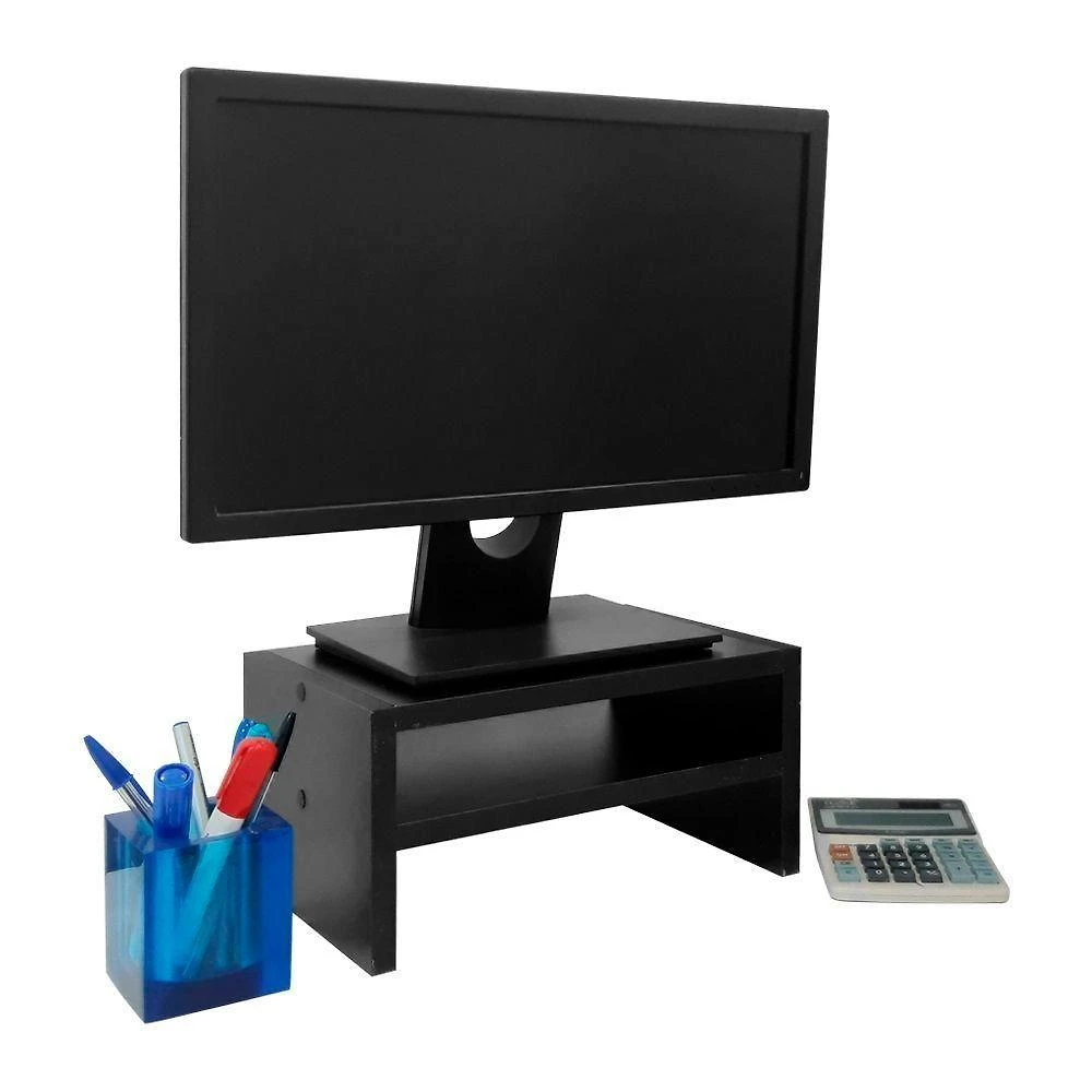 Suporte para Monitor Suporte para Monitor Madeira Preto com Nicho Apoio de Mesa com Espaço Interno