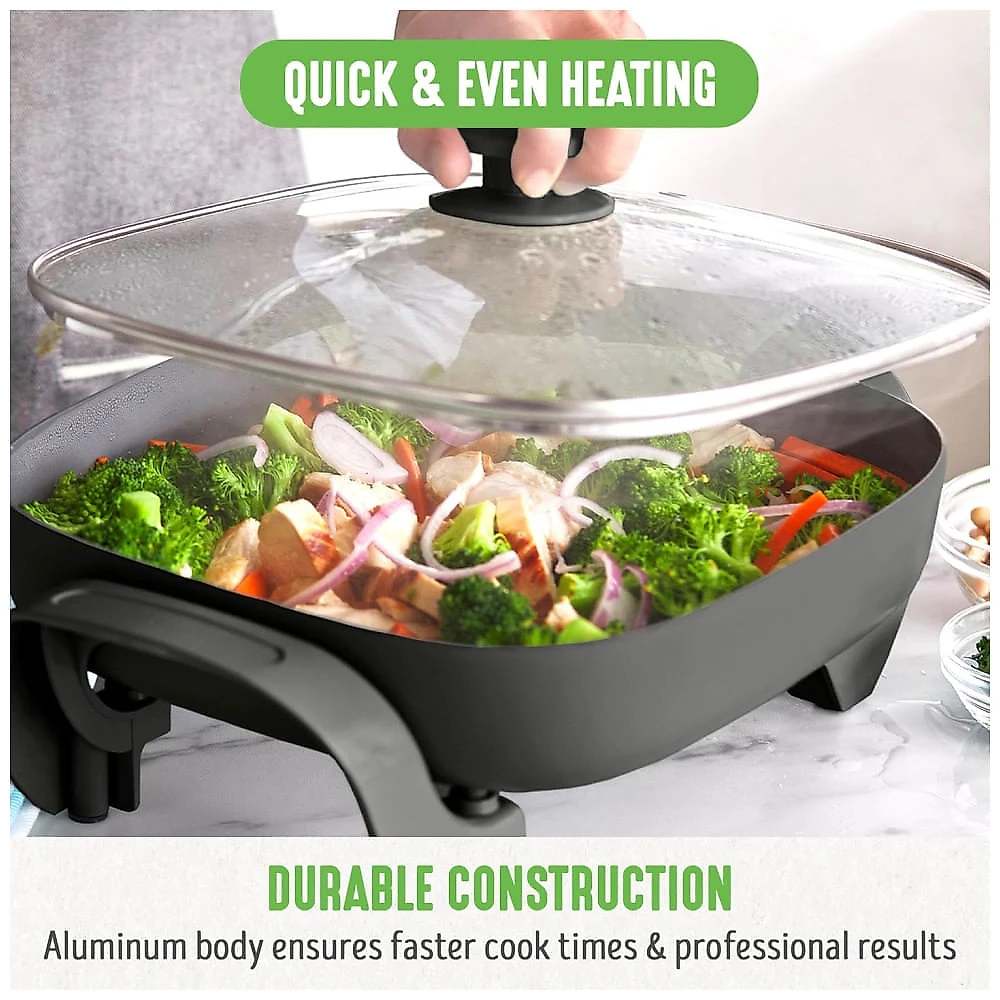 Frigideira Elétrica Quadrada GreenLife 30cm 4,7L, Tampa de Vidro com Saída de Vapor, Revestimento Antiaderente Cerâmico sem Substâncias Tóxicas,
