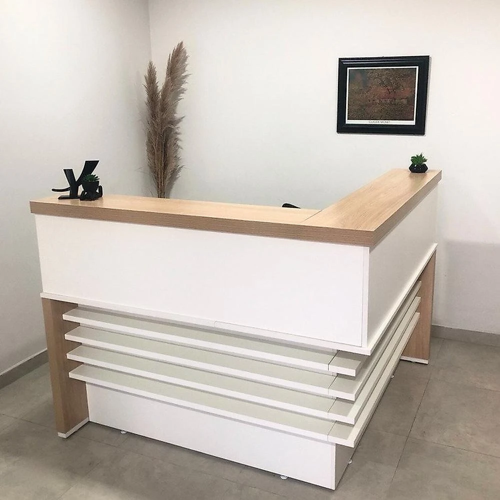 Balcão para Atendimento Recepção em L 295,4cm X 147,7cm Kit 2 Peças com Balcão de Atendimento Tamburato em L para Escritório - Elegante e Funcional Carvalho/Branco