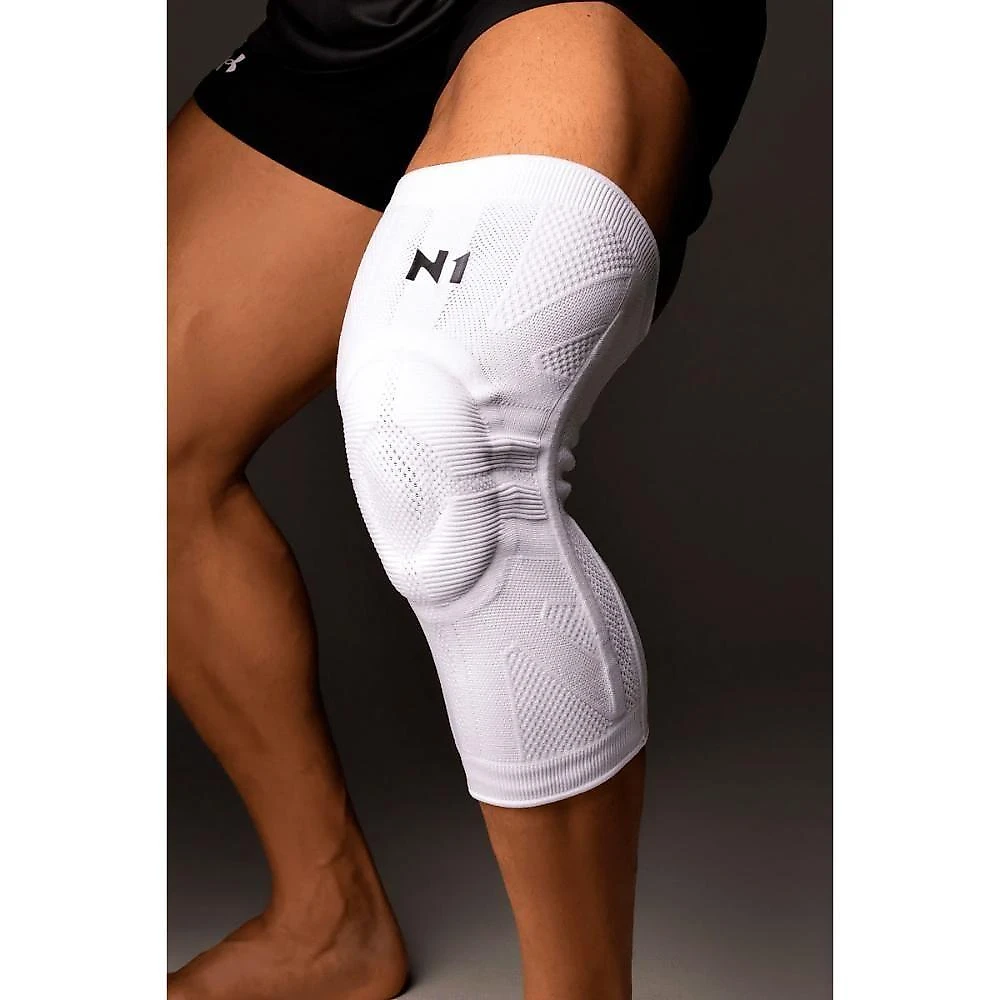 Joelheira Pro Knit 3D com Gradiente de Compressao Almofada de Silicone Sustentacao Lateral Branco N1