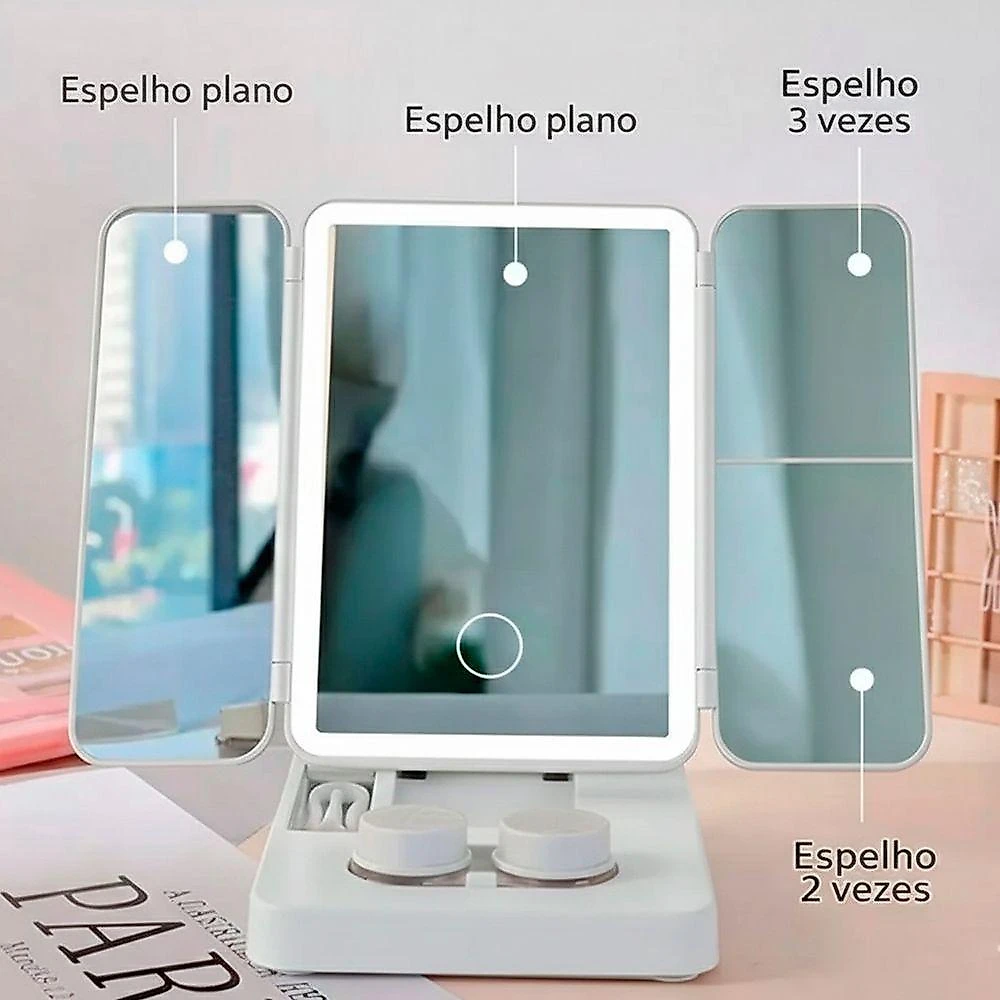 Espelho de Maquiagem BSL3895 LED 3 Cores Dobrável Branco AB Mídia