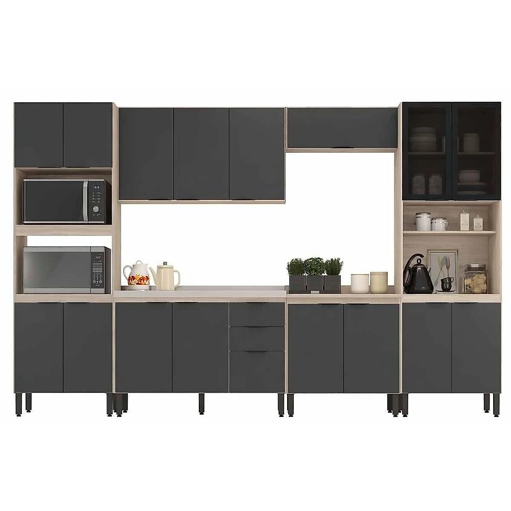 Kit Cozinha Modulado Firenze C6P127 6 Portas 2 Gavetas MDP 119,5CM Avena e Grafito Demóbile