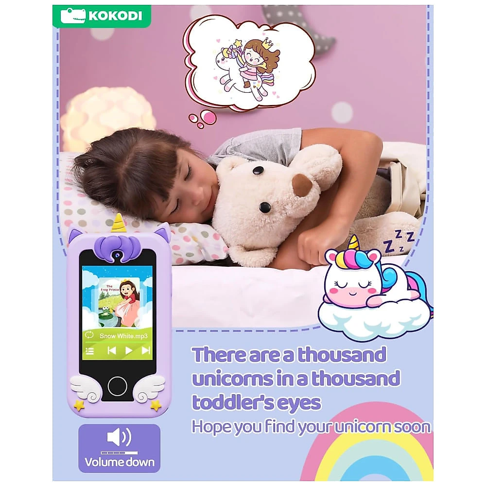 Telefone Brinquedo Infantil KOKODI Unicórnio Para Meninas 3-10 Anos, Tela Touchscreen HD, Câmera Dupla, 8GB, Brinquedo Educativo Para Viagem.