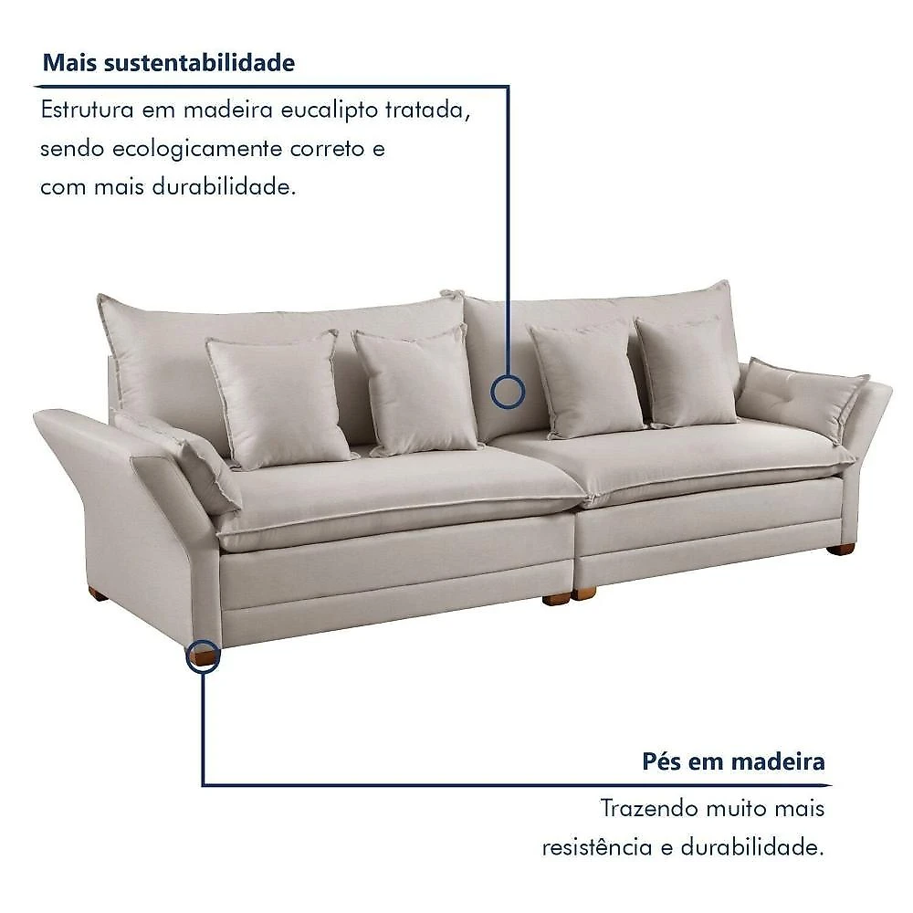 Sofá 3 Lugares 4 Almofadas Copenhague Estofados Martins Sofá para Sala de Estar 3 Lugares 4 Almofadas Bege