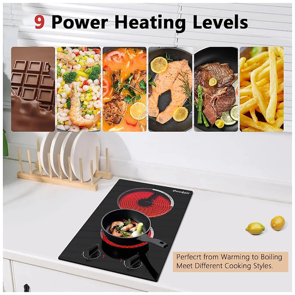 Cooktop Elétrico de 2 Bocas 110V 2000W, Bancada e Embutir, Indicador Calor Residual, Proteção Contra Sobreaquecimento,Cooksir