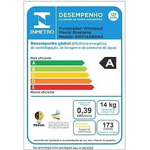 Lavadora de Roupas Brastemp BWF14AB 14kg Smart Sensor Ciclo Tira Mancha Cesto Inox Branca 110V