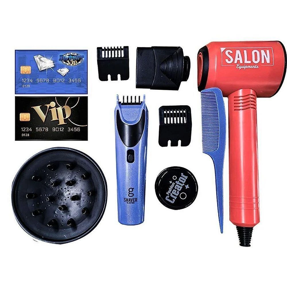 Kit Barbeiro VIP Brinquedo com 10 Peças e Secador com Sopro de Ar DM Toys