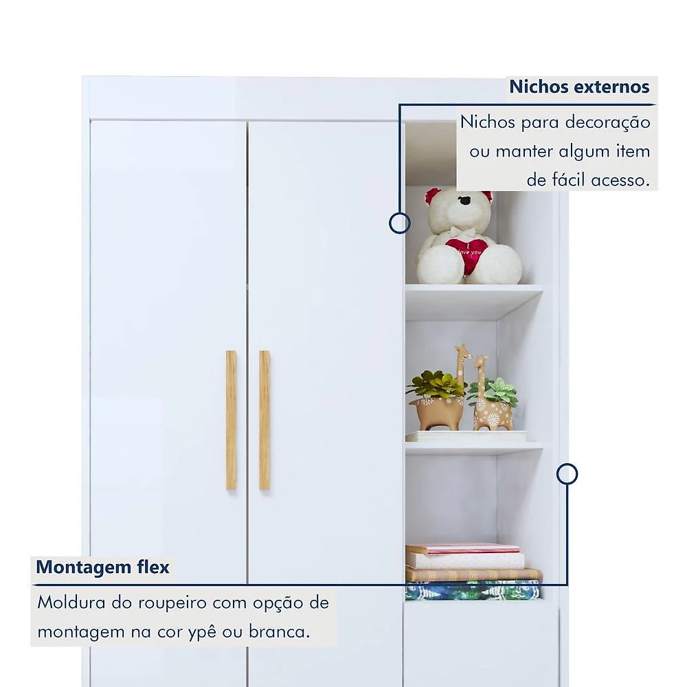 Quarto de Bebê Completo com Cômoda, Mini Berço com Colchão e Guarda Roupas Lila Branco
