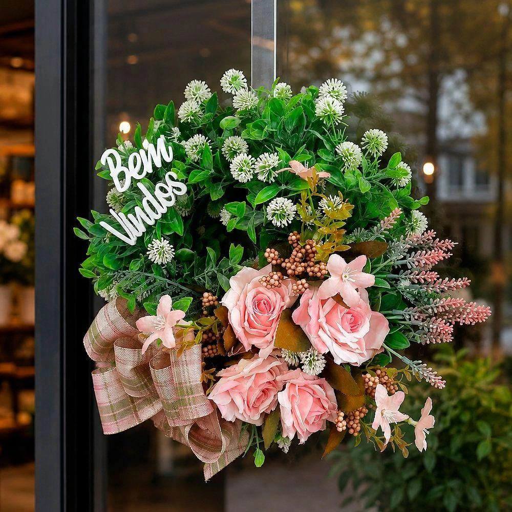 Guirlanda Decorativa Bem-vindo Flores Artificiais 30cm Branco