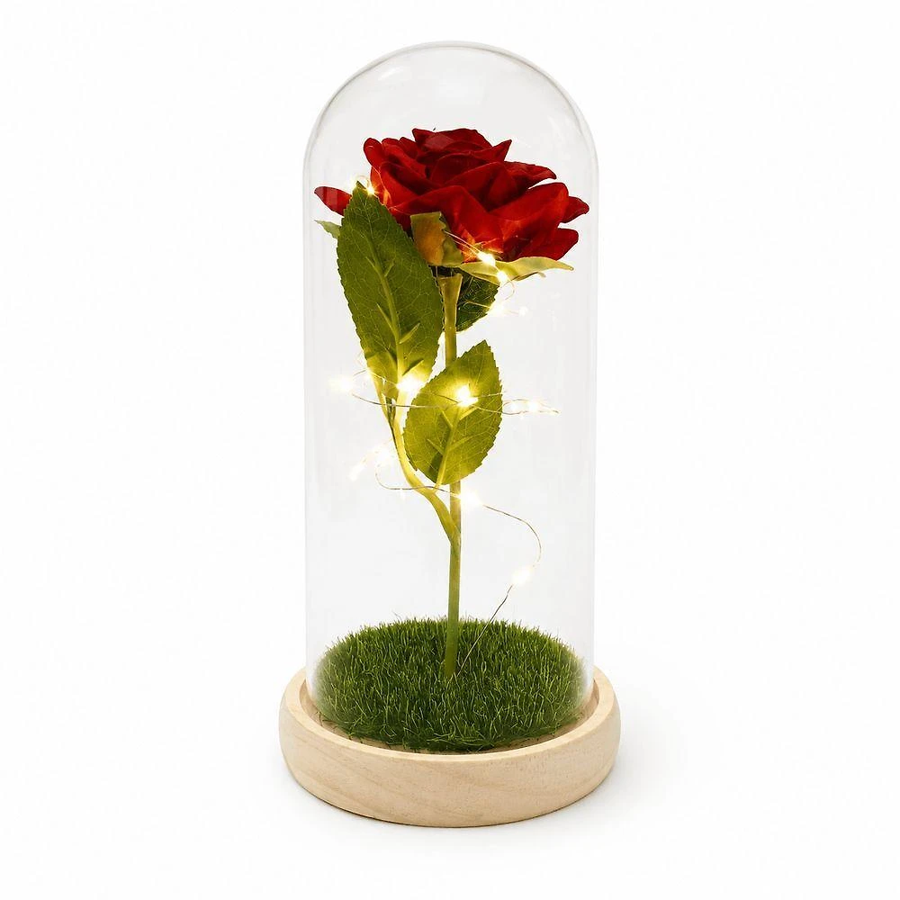 Decoração Rosa Encantada com LED Cúpula Transparente Vermelho Negócio de Gênio