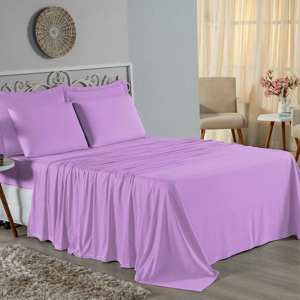 Jogo De Cama King Nobre 4 Peças Lençol Com Elástico De 30cm De Altura Malha 100% Algodão - Lilás