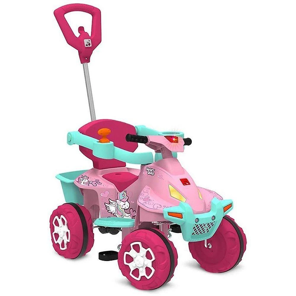 Veículo para Bebê Smart Quad Passeio e Pedal Haste Direcionável Rosa Bandeirante