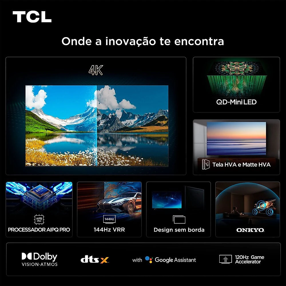 Smart TV TCL 55 AI, 4K UHD, QLED Mini LED, Android TV - 55C6K Preto - C6K - Smart TV - Bivolt