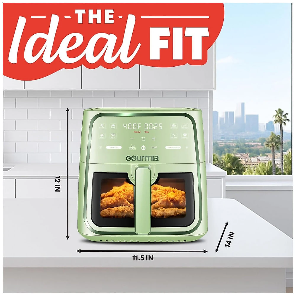 Fritadeira Elétrica Air Fryer Gourmia Verde 7,6L Janela com Luz 8 Programas FryForce 360 1700W 110V