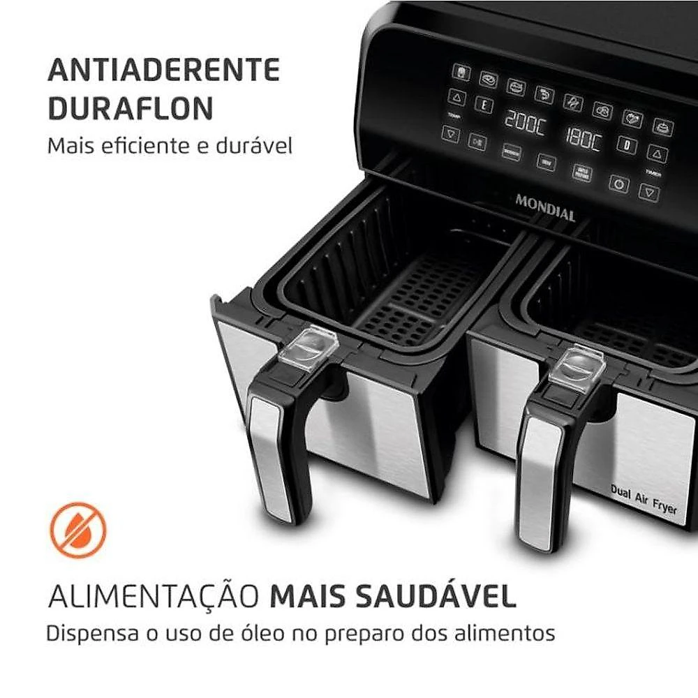 Fritadeira Air Fryer Dual Mondial AFD-01-BI 8L com Timer e Cestos Removíveis Preto Inox 110V