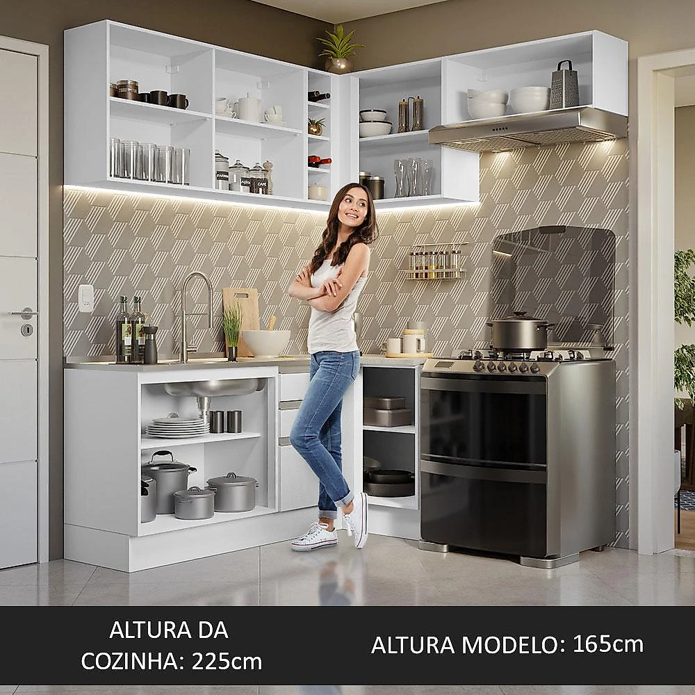 Armário de Cozinha Completa de Canto 349cm Branco Glamy Madesa 07 Branco