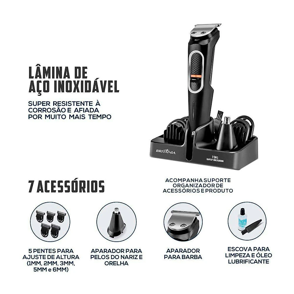 Aparador de Pelos Sem Fio Multigroom 7 em 1 BAP21P Britânia Preto - Bivolt