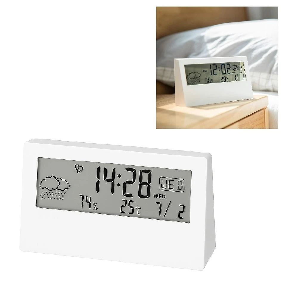 Relógio de Mesa Despertador Digital LCD Sensor Clima Temperatura Branco