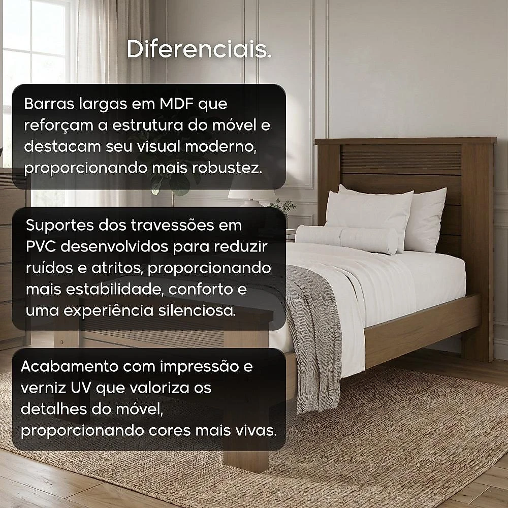 Cama Solteiro em MDF com Cabeceira Frisada 103x202cm Paolo Âmbar